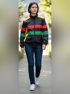 Black Windbreaker Jacket with Red, Green & Yellow Stripes